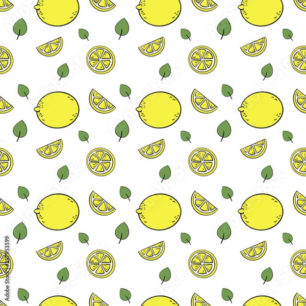 Fototapeta Cute seamless vector pattern with yellow lemons and lemon slices. Perfect for fabric or wallpaper. Fresh summer illustrtion.