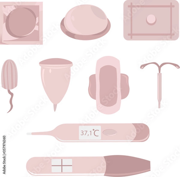 Fototapeta Set of objects for women's health. Reproduction and contraception. Pregnancy and menstruation. Pregnancy test, pill and rectal thermometer. Condom, vaginal ring and uterine spiral. 