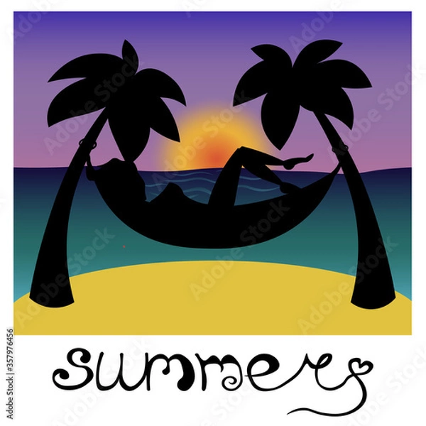 Fototapeta Black silhouette of a person in a hammock on the seashore. A woman is relaxing on the evening beach. Girl is enjoying summer vacation. Lettering.
