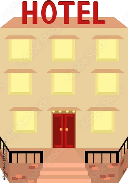 Fototapeta Hotel. High-rise building with a sign. Travel, stop overnight. Rest and vacation.