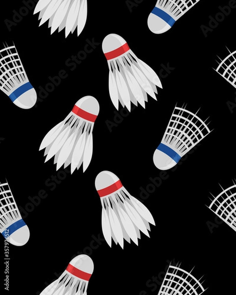 Fototapeta Shuttlecocks on a black background. Badminton. Seamless pattern. Sport and game. Summer fun.