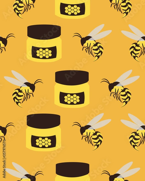 Fototapeta Bees and honey. Yellow seamless pattern. Design for postcards, prints, clothes.