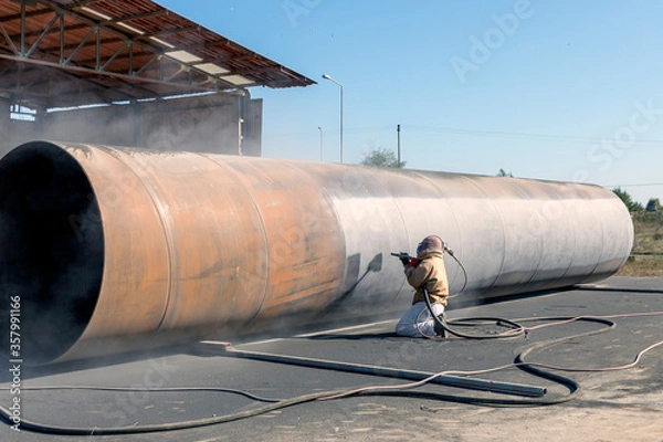 Fototapeta View of sandblasting before coating. Abrasive blasting, more commonly known as sandblasting, is the operation of forcibly propelling a stream of abrasive material against a surface.