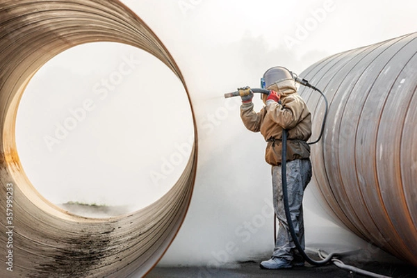 Fototapeta Close up view of sandblasting before coating. Abrasive blasting, more commonly known as sandblasting, is the operation of forcibly propelling a stream of abrasive material against a surface.