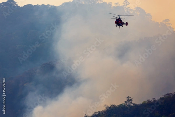 Obraz Firefighting helicopter dropping water on forest fire