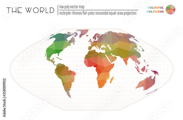 Fototapeta World map with vibrant triangles. McBryde-Thomas flat-polar sinusoidal equal-area projection of the world. Colorful polygons. Awesome vector illustration.