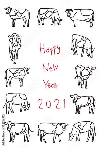 Fototapeta 2021年　丑年の年賀状　牛たくさん　Happy New Year
