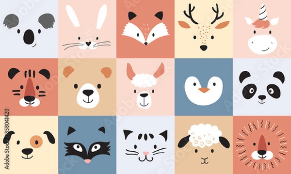 Fototapeta Śliczne zwierzęta dla dzieci i niemowląt, plakat przedszkola do pokoju dziecięcego, kartki z życzeniami, dziecinny wzór. Ręcznie rysowane w stylu skandynawskim, ilustracji wektorowych.
