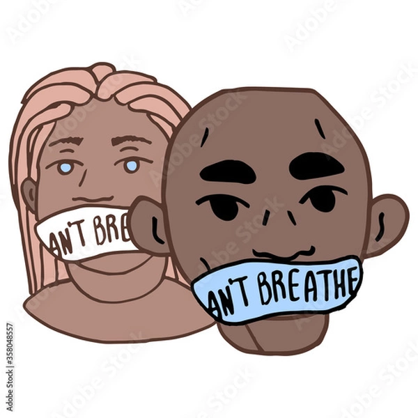 Obraz I can't breathe text on white isolated backdrop. Woman and man blm activists for invitation card, social banner, news blog, flyer. Phone case or cloth print. Doodle style stock vector illustration