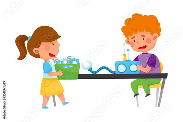 Fototapeta Little Kids Repairing and Fixing Robot Vector Illustration