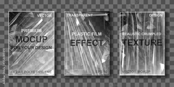 Fototapeta Transparent cellophane stretch film for wrapping food and protection packaging. Vector realistic mockup of clear polyethylene, crumpled elastic foil material isolated on transparent background