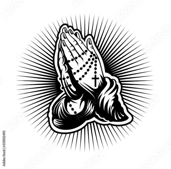 Fototapeta Praying hands with chain and cross in the center of rays. Vector illustration
