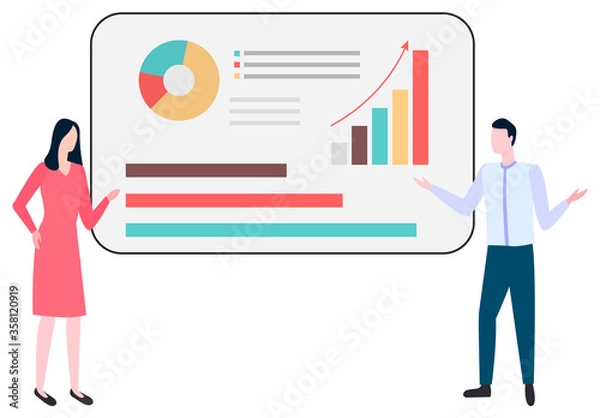 Fototapeta People man and woman discussing sales and trades, boards with diagrams and charts. Vector financial analytics and business statistics, successful management