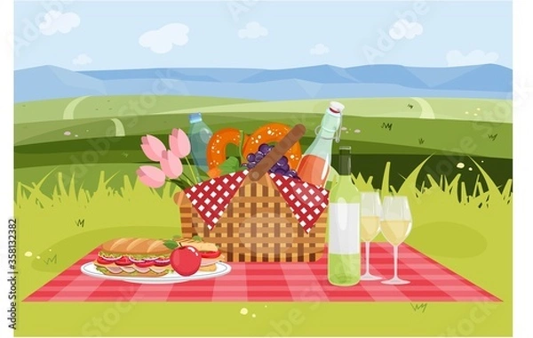 Obraz Picnic basket with food and drinks on landscape background. Summer vector illustration