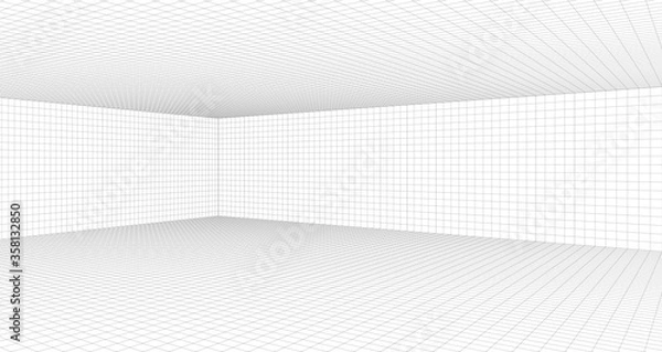 Obraz Room perspective grid background 3d Vector illustration. Model projection background template. Line one point perspective