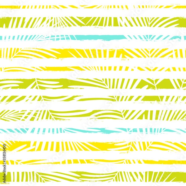 Fototapeta Tropical pattern, summer palm leaves seamless vector floral background. Exotic plant on stripes. spring nature jungle print. Leaves of palm tree on paint lines.