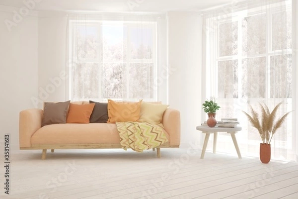 Obraz White living room with sofa. Scandinavian interior design. 3D illustration