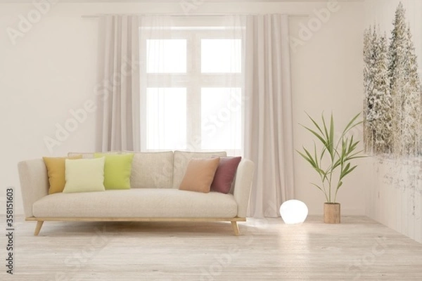 Obraz White living room with sofa. Scandinavian interior design. 3D illustration