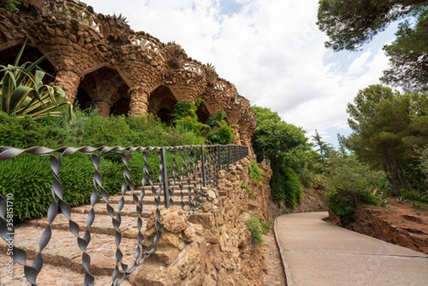 Fototapeta BARCELONA, CATALONIA, SPAIN - JUNE 12, 2020: The famous Parc Güell designed by the architect Gaudi. Without tourists during phase 2 of the Covid-19 deescalation in the city of Barcelona.