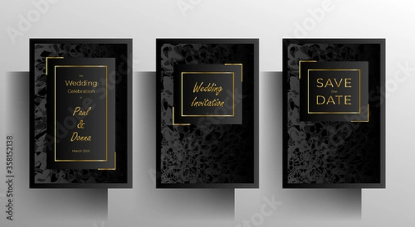 Fototapeta Wedding invitation template set. Elegant black design with hand-drawn graphic elements. EPS 10 vector.