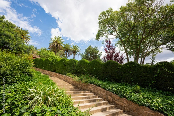 Fototapeta BARCELONA, CATALONIA, SPAIN - JUNE 12, 2020: The famous Parc Güell designed by the architect Gaudi. Without tourists during phase 2 of the Covid-19 deescalation in the city of Barcelona.