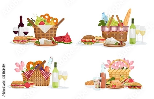 Obraz Set with picnic baskets full of food and drinks wine, fruits, vegetables, pretzel, baguette for outdoor lunch. Vector illustration