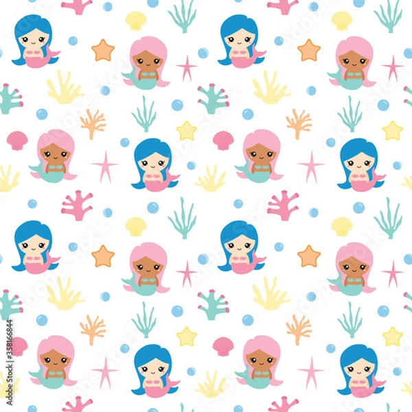 Fototapeta Vector seamless pattern of cute mermaids and coral.
