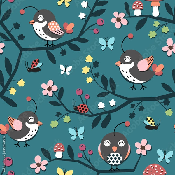 Fototapeta Seamless surface repeat vector pattern with happy little birds and colorful flower branches, butterflies and ladybugs on a blue-green background