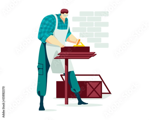 Obraz Handwork man character, male woodworking occupation professional wood processing isolated on white, cartoon vector illustration. Person hobby hold jigsaw, amateur timber handling forest.