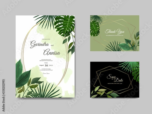 Fototapeta  Wedding invitation card template set with tropical leaves decoration Premium Vector