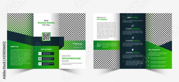 Fototapeta Modern trifold brochure green template design in creative abstract layout  fully editable