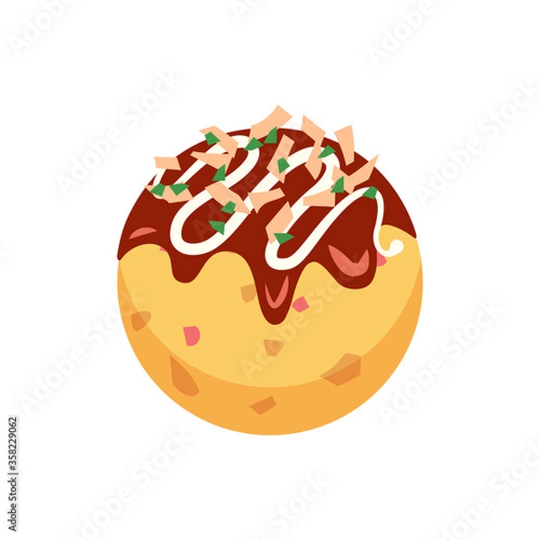 Obraz ソース、マヨネーズ、鰹節、青のりのかかった１つの丸いたこ焼き
