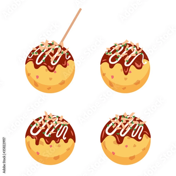 Obraz ソース、マヨネーズ、鰹節、青のりのかかった丸いたこ焼き　４種類のセット