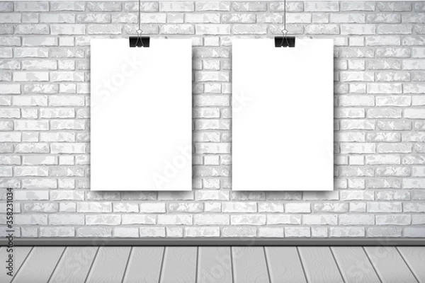 Fototapeta Flat Interior with two empty white posters on gray brick wall. Trendy loft room scenery background, fashion gallery exhibition interior. Vector Illustration for web, poster mockup, exposition