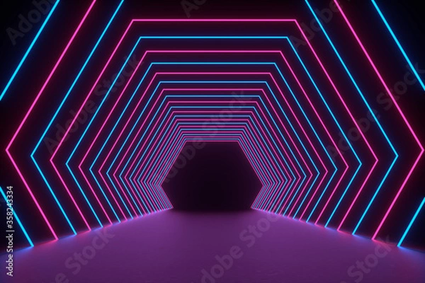 Fototapeta 3D Rendering Illustration. Futuristic Sci Fi Dark Empty Room With Neon Glowing. 3D abstract background with neon lights. 