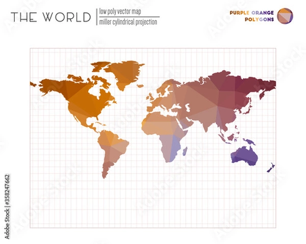Fototapeta Vector map of the world. Miller cylindrical projection of the world. Purple and Orange colored polygons. Elegant vector illustration.