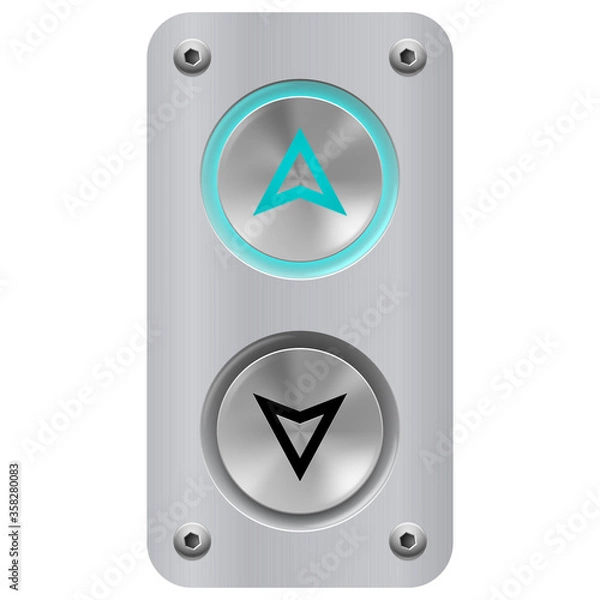 Fototapeta Elevator Call Buttons for Building Up and Down Each Floor, Push-Button with Arrow Symbol Displayed on Polished Stainless Steel. The Keypad has an Blue Light Displayed in the Up Position