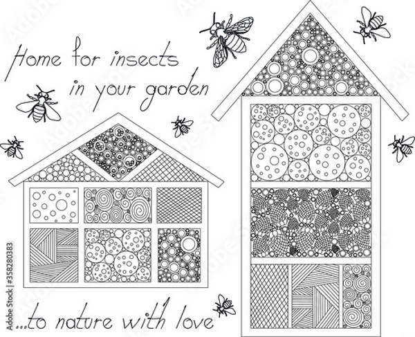 Fototapeta Vector linear doodle design handmade garden wooden home or hotel for insects, bees, with bugs around and text