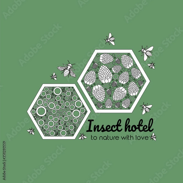 Fototapeta Vector linear doodle design illustration, handmade garden wooden home or hotel for insects, bees, with bugs around and text
