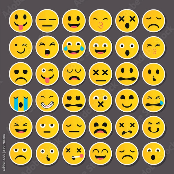 Fototapeta Cartoon emoji collection. Set of emoticons with different mood. Flat style vector illustration isolated on black background.