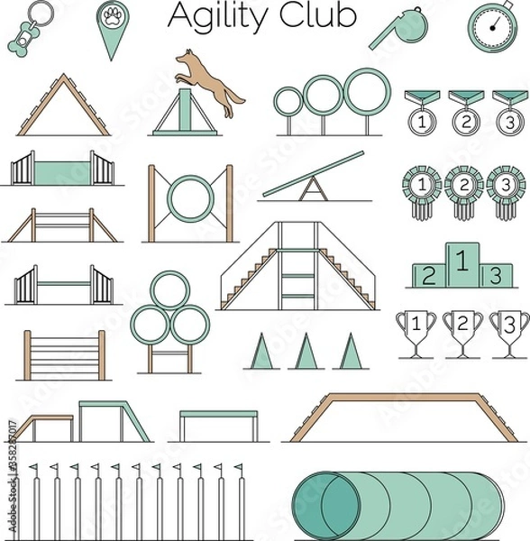 Fototapeta Vector big set of colorful flat icons, agility sport equipment and items for dog training, isolated on white background