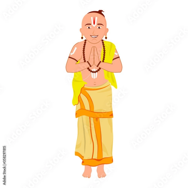 Fototapeta South Indian priest with a folded hand doing namaskar in a very traditional style.