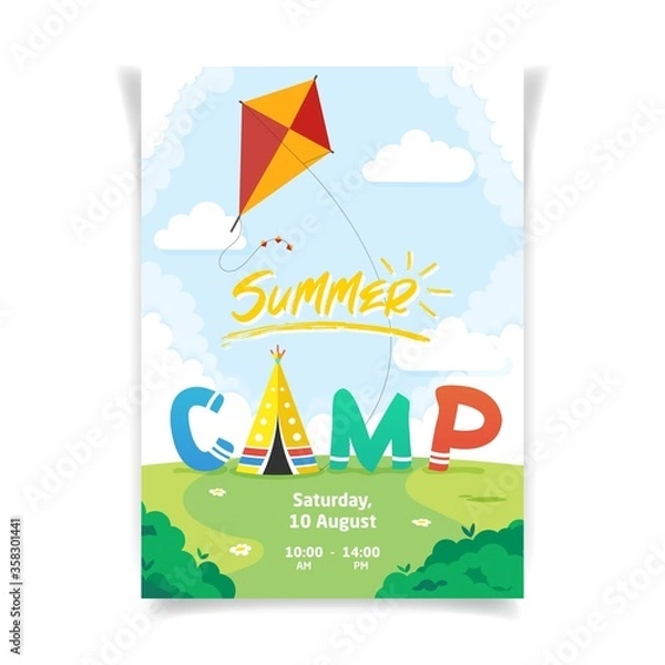 Fototapeta Summer camp colorful vertical vector advertisement poster template for print and web. Wigwam or teepee like tent and kite in the in the meadow with multi color text. Children outdoor summer activity

