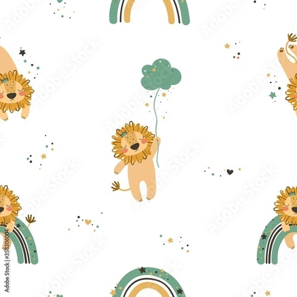 Fototapeta Seamless pattern with cute character lion and rainbow. Cute vector illustration for kids - lion. Ideal print for fabrics, textiles and gift wrapping Baby Shower