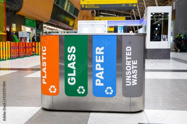 Fototapeta Modern trash bins for waste segregation.  Separate waste collection. Management recycle garbage.