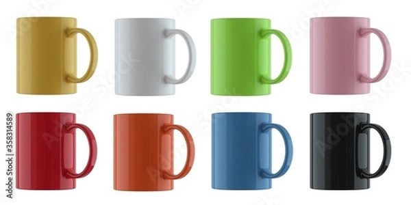 Fototapeta Set of standard colored cups on white background.
