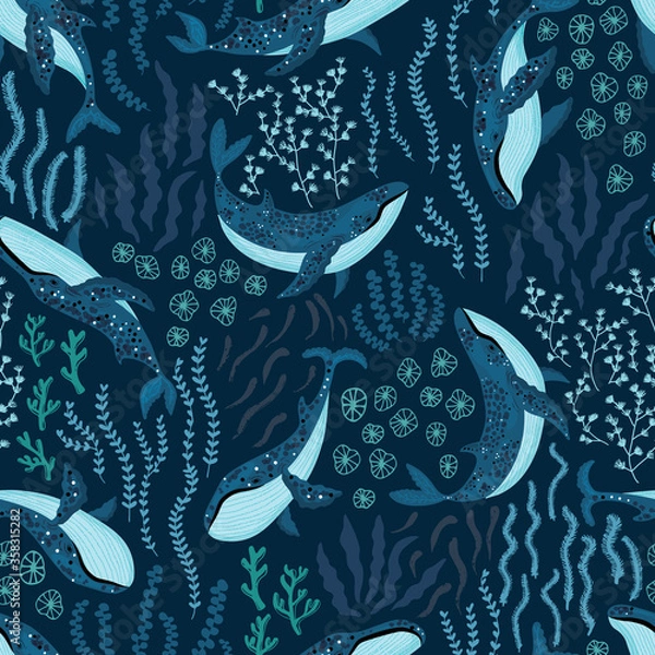 Obraz Seamless pattern with underwater humpback whales dancing under the sea on dark blue background. Vector illustration with whales in riverbed surrounded by seaweed and algae.