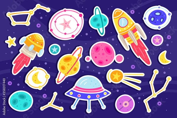 Fototapeta Big space vector flat illustration, set of elements, icons. Isolated on background. Rocket, alien spaceship, planet, star, moon, asteroid, meteor, constellation, space probe, galaxy. Sticker sheet.