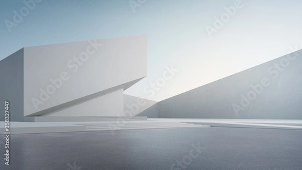 Fototapeta Empty concrete floor for car park. 3d rendering of abstract white building with blue sky background.