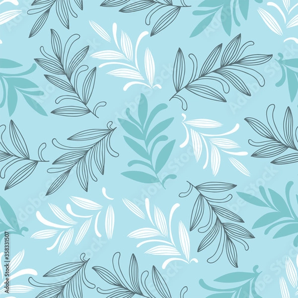 Fototapeta Abstract hand drawn seamless pattern of floral ornament leaves, branches, curls, flowing lines. Decorative blue vector illustration for greeting card, invitation, wallpaper, wrapping paper, fabric